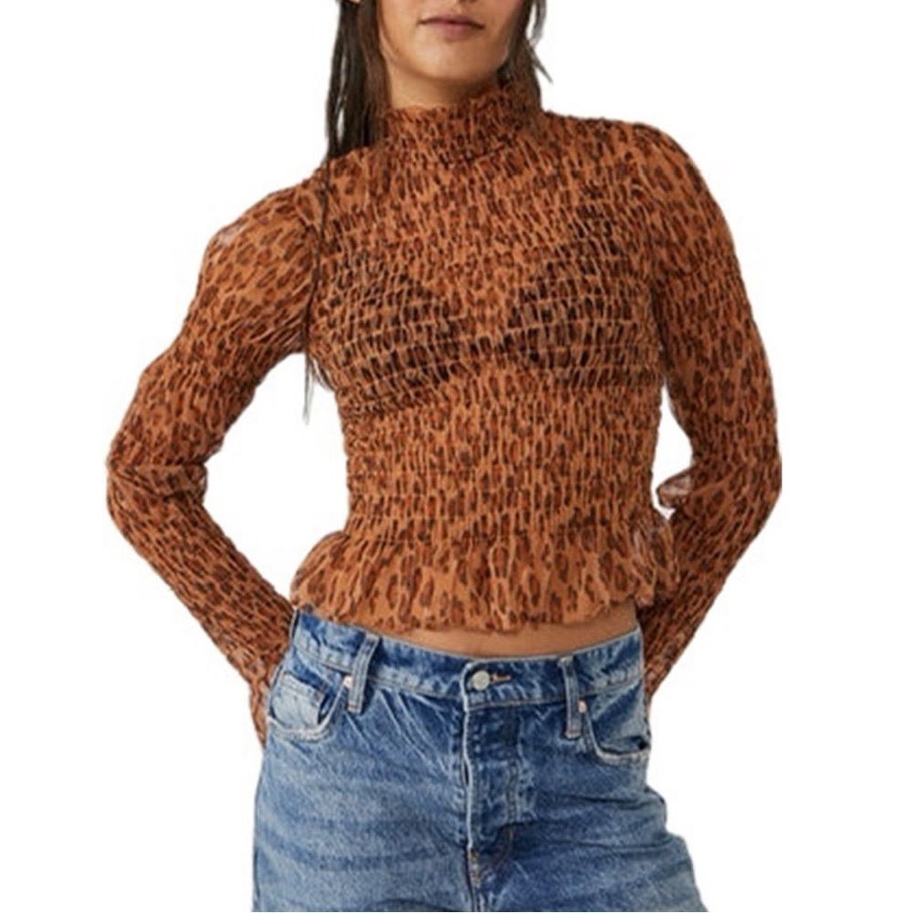 Free People Leopard Smocked Mock Neck Top NWT XS Boho Ruffle Blouse